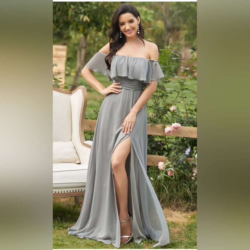 EverPretty Ruffle Off-Shoulder Side Slit Long Chiffon Bridesmaid Dress